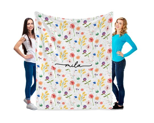 Discover Custom Watercolor Floral Name Blanket, Personalized Wildflower Design Throw