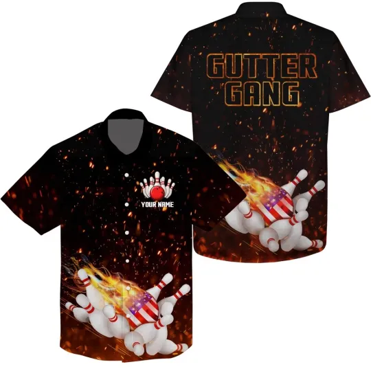 Discover Bowling Hawaiian Shirt Personalized Flame American Flag Bowling Hawaiian Shirt
