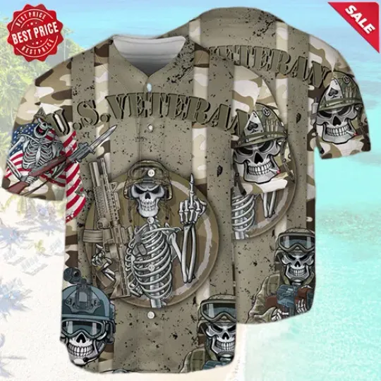 Discover Army Veteran US Skull Baseball Jersey, Camo Baseball Jersey