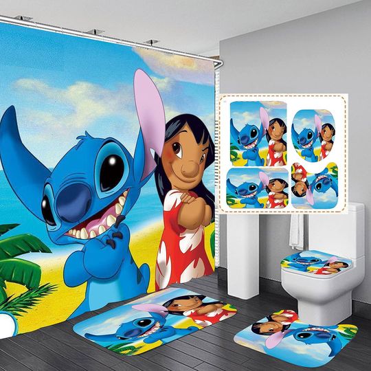 Discover Frameless Cartoon Stitchh Bathroom 4 Pieces Set Shower Curtain, Toilet Lid Cover and Bath Mat, Bathroom Decor Set