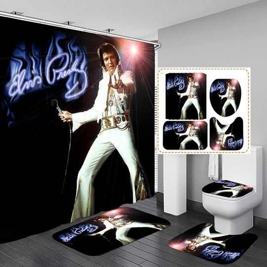 Discover Elvis Bathroom 4 Pieces Set Shower Curtain, Toilet Lid Cover and Bath Mat, Bathroom Decor Set