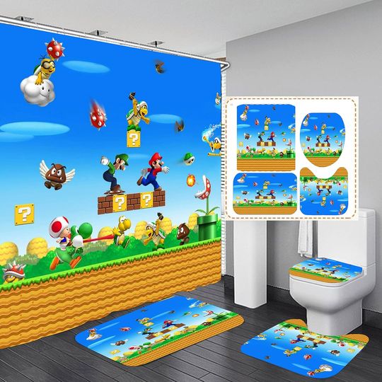 Discover Mario Bathroom 4 Pieces Set Shower Curtain, Toilet Lid Cover and Bath Mat,Bathroom Decor Set