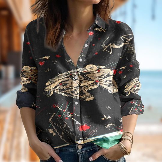 Discover Starr Warss Shirt, Spaceship Casual Button Down Blouse Women