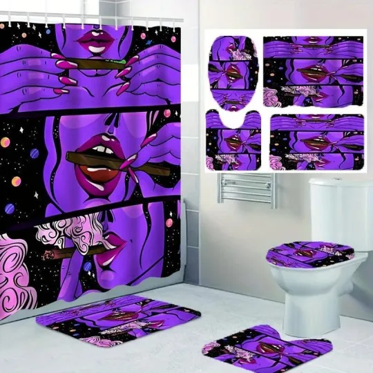 Discover Bathroom Curtain  Bath Mat Set, 4-Piece Set with Shower Curtain, Lid Cover, Mat