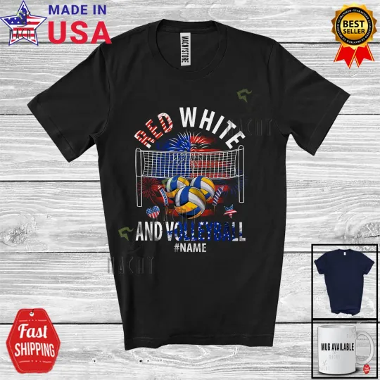 Discover Red White And Volleyball; 4th Of July US Flag Custom Name Player Patriotic Shirt