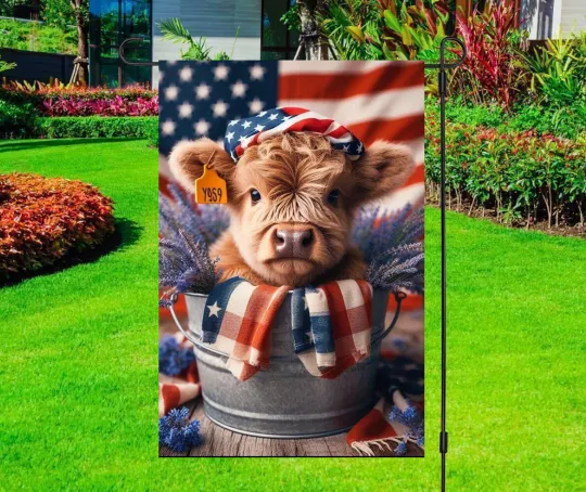 Discover Independence Day - Highland Cow Wash Tub - 4th July - Garden Flag