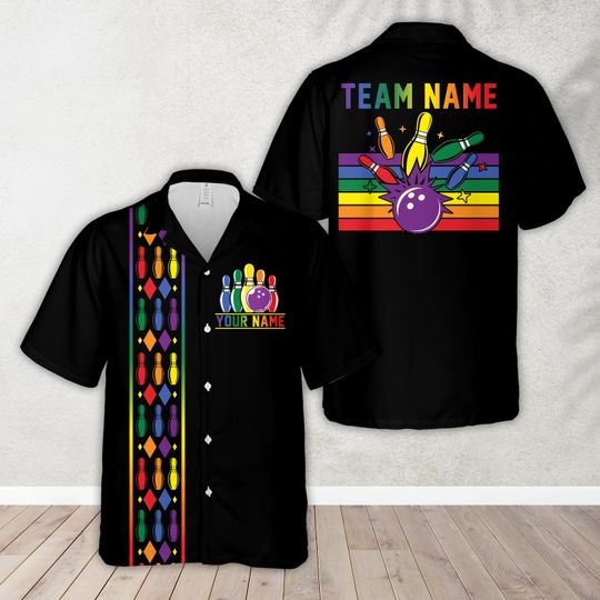 Discover Custom Name Pride Rainbow Bowling Hawaiian Shirt, Personalized Bowling Button Up Shirt