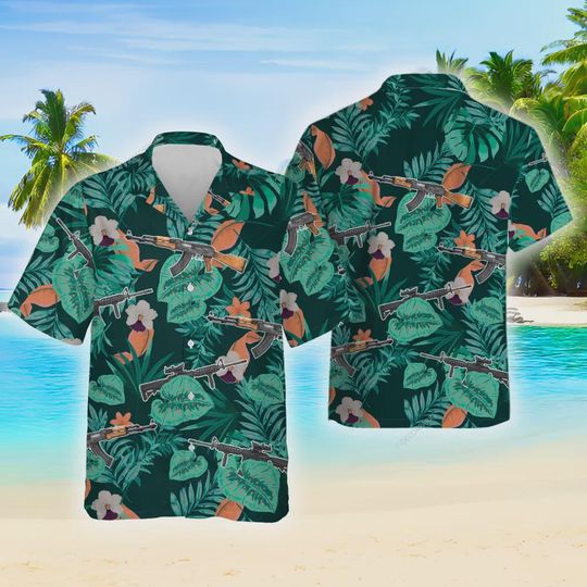 Discover Tropical Gun Military Hawaiian Shirt, Tropical Leaves Pattern Shirts, Button Down
