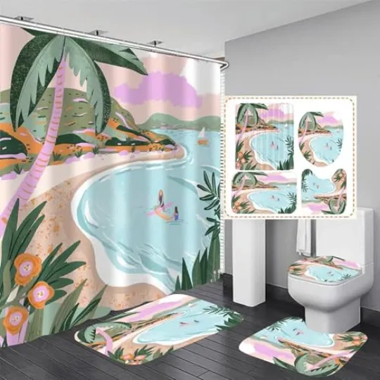 Discover 4 Pcs Beach Shower Curtain Set with Non-Slip Rug, Toilet Lid Cover and Mat,