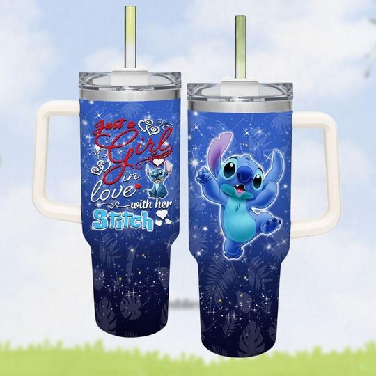 Discover Stitchh Tumbler with Handle, 40oz Cute Blue Alien Cup, Custom Lilo and Stitchh Gift for Her, Just a Girl in Love