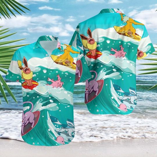 Discover PKM Tropical Hawaiian Shirt, Unisex Aloha Shirt for Fans, Cute Pika Beach Shirt Summer Vacation Shirt Gift