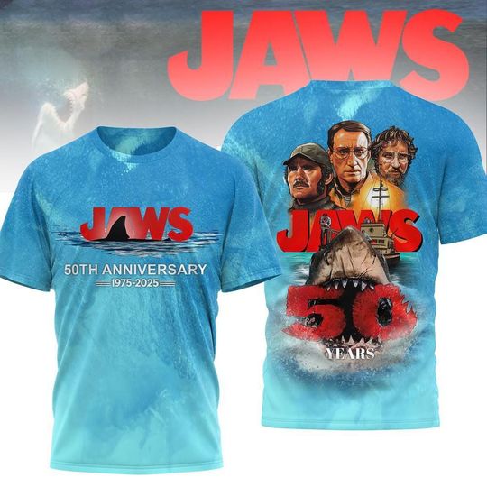 Discover Jaws 50th Anniversary 1975 2025 Shirt, Jaws Shark Unisex T-Shirt
