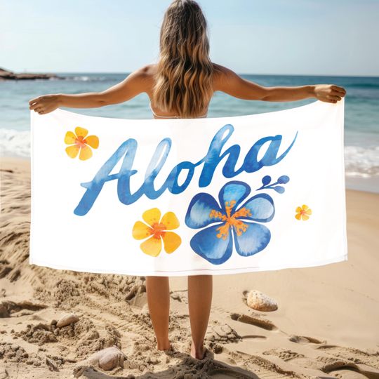 Discover Floral Aloha Towel, Hawaii Summer Towel, Soft and Absorbent Beach Towel, Blue Flowers