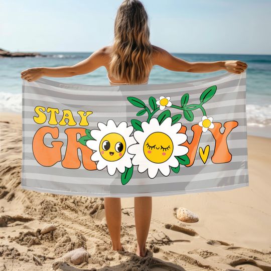 Discover Sunflower Towel, Daisy Towel, Stay Groovy Towel, Gray Towel, Flower Towel, Summer Beach