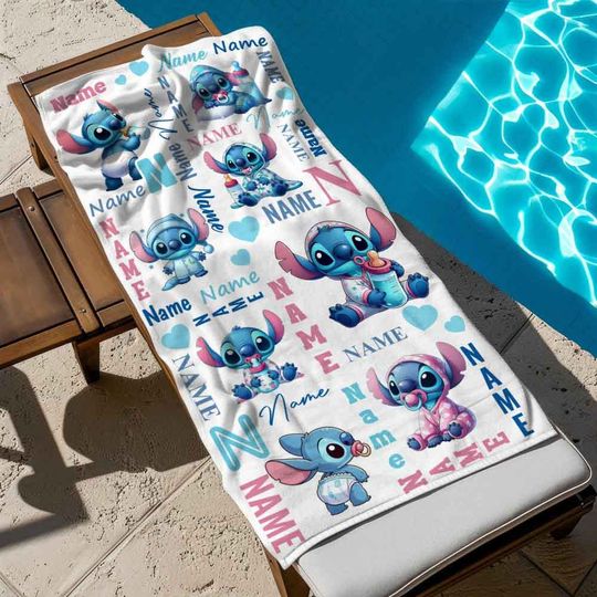 Discover Custom Name Stitchh Pattern Beach Towel, Disneyyy Bath Towel, Pool Towel
