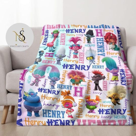 Discover Personalized Watercolor Trolls Blanket, Trolls Birthday Girl Blanket, Queen Poppy Branch Trolls Family Home Decor
