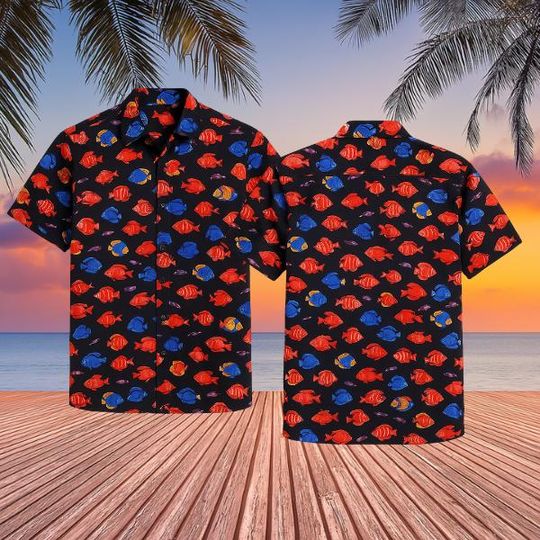 Discover Tropical Hawaiian Shirt, Colorful Fish Print Beach Button Up