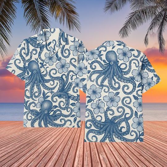 Discover Octopus Hawaiian Shirt, Nautical Beach Button Up with Floral P
