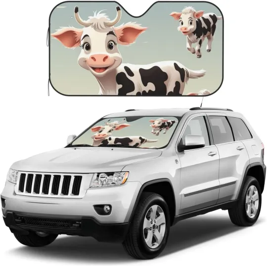 Discover Car Windshield Sunshade Cute Cartoon Cow Car Front Window Covers Foldable Refl