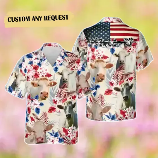 Discover Charolais Cattle USA Flag With Flowers Hawaiian Shirt Cow Tropical Summer Hawaii Shirt