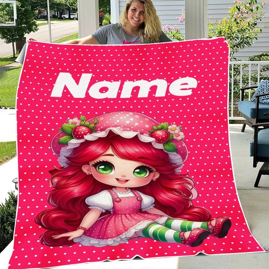 Discover Custom Name Strawberry Princess Cartoon Fleece Blanket - Personalized Soft, Cozy