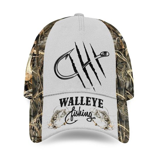 Discover WallEye Fishing Camo White AOP Baseball Cap