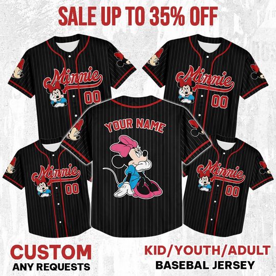 Discover Personalize Disneyyy Vintage Minniee Smile Black Baseball Jersey