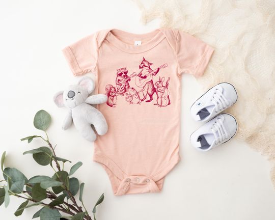 Discover Bluegrass Musical Baby Peach Bodysuit. Funny Woodland Animal Band Baby Clothes