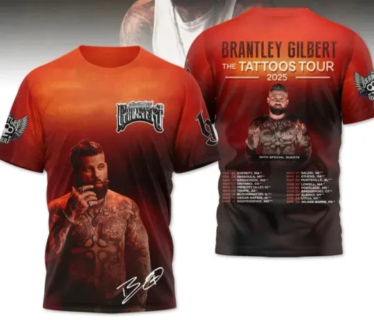 Discover Brantley Gilbert The Tattoos Tour 2025 3D T-Shirt