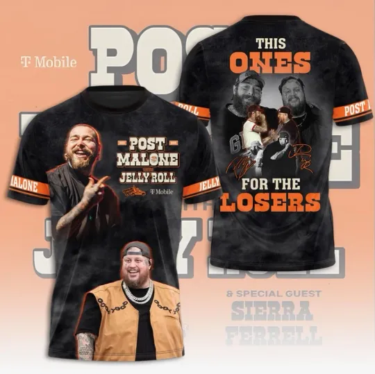 Discover Post Malone x Jelly Roll 3D Shirt Tour 2025 This Ones For The Losers Shirt