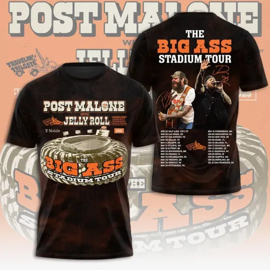 Discover Post Malone Jelly Roll Tour Music Big Ass Stadium Tour 2025 Inspired 3D T-Shirt