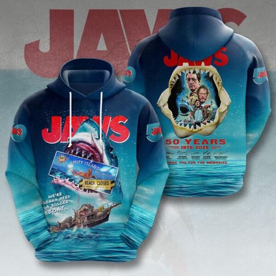 Discover 50th Anniversary Jaws 1975 Quint Martin Brody 3D Hoodie, Classic Movie Signatures