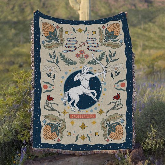 Discover Sagittarius Gothic Woven Blanket, Cottagecore Bedding Sagittarius Zodiac Woven Blanket