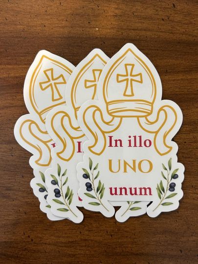 Discover In Illo UNO Unum Catholic Sticker  Latin Papal Quote  Mitre Design  Pope Leo XIV