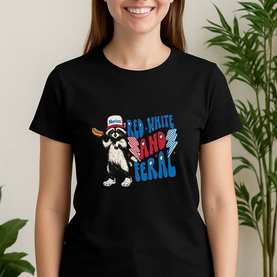 Discover Red White and Feral Shirt, Funny 4th of July Raccoon Tee, Merica Hotdog USA Shirt