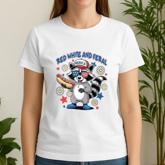 Discover Red White and Feral Shirt, Cute Patriotic Raccoon Tee, Funny USA 4th of July Shirt