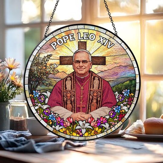 Discover Pope Leo XIV Glass Suncatcher - First American Pope Stained Glass Window Hanging