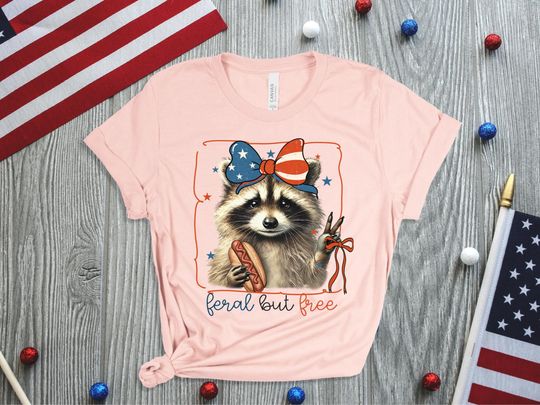 Discover Feral But Free Raccoon Shirt, Cute Raccoon Clipart Tee, Retro USA Shirts