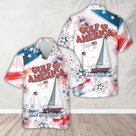 Discover American Flag Sailboat & Fireworks Gulf Of America 4th Of July Hawaiian Shirt