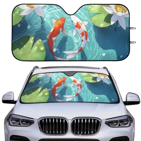 Discover Cartoon Lotus Koi Fish Pond Car Sunshade for Windshield