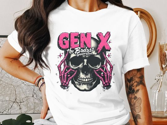 Discover Gen X Skull Shirt, Badass Generation Shirt, Skeleton Hand Rock On Sign Shirt