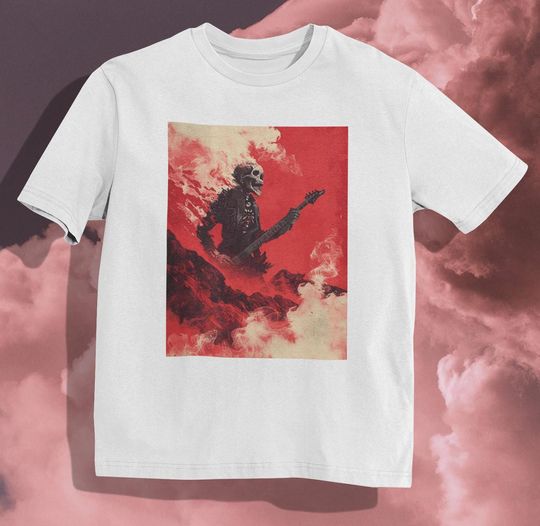 Discover Rockstar Skeleton T-Shirt, Fiery Gothic Art Graphic Tee, Bold Skull with Guitar Shirt