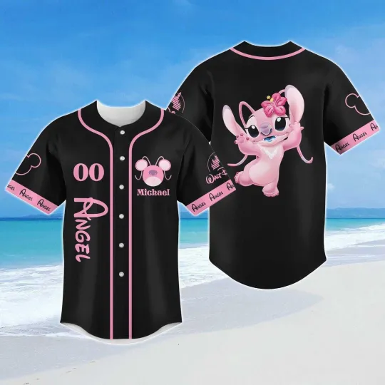 Discover Personalized Angel Lilo & Stitchh Character Black & Pink Baseball Jersey Shirt
