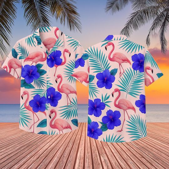 Discover Pink Hawaiian Shirt, Pink Flamingo and Blue Hibiscus P