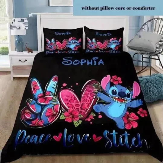 Discover Personalized Stitchh Peace Love Tropical Flowers 3D Bedding Set