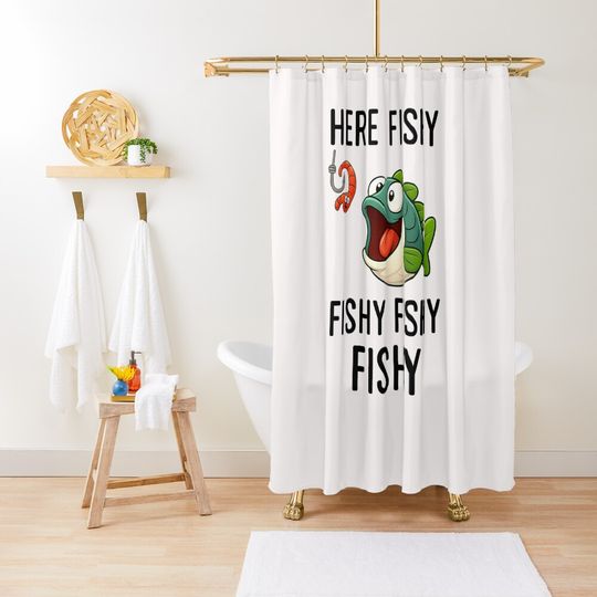Discover Here Fishy Fisherman Funny Fishing Lover Cute Fish Worm  Shower Curtain