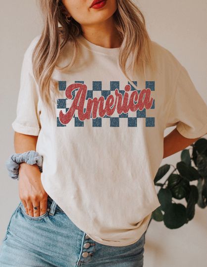 Discover Checkered Retro USA Shirt, Patriotic Shirt, 4th of July Shirt, Independence Day Gift, Memorial Day Shirt