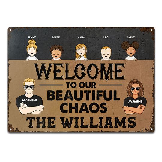 Discover Couple Welcome To Our Beautiful Chaos - Gift For Family - Personalized Custom Classic Metal Signs