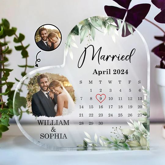 Discover Custom Photo Calendar Married Engaged Couples - Personalized Heart Shaped Acrylic Plaque
