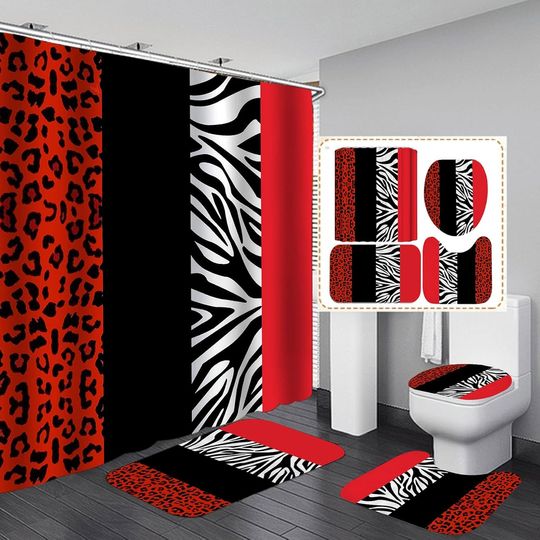 Discover jieprom  Leopard Print Shower Curtain Set with Rug, Toilet Lid Cover and Bath Mat,Red Black Splice Shower Curtain